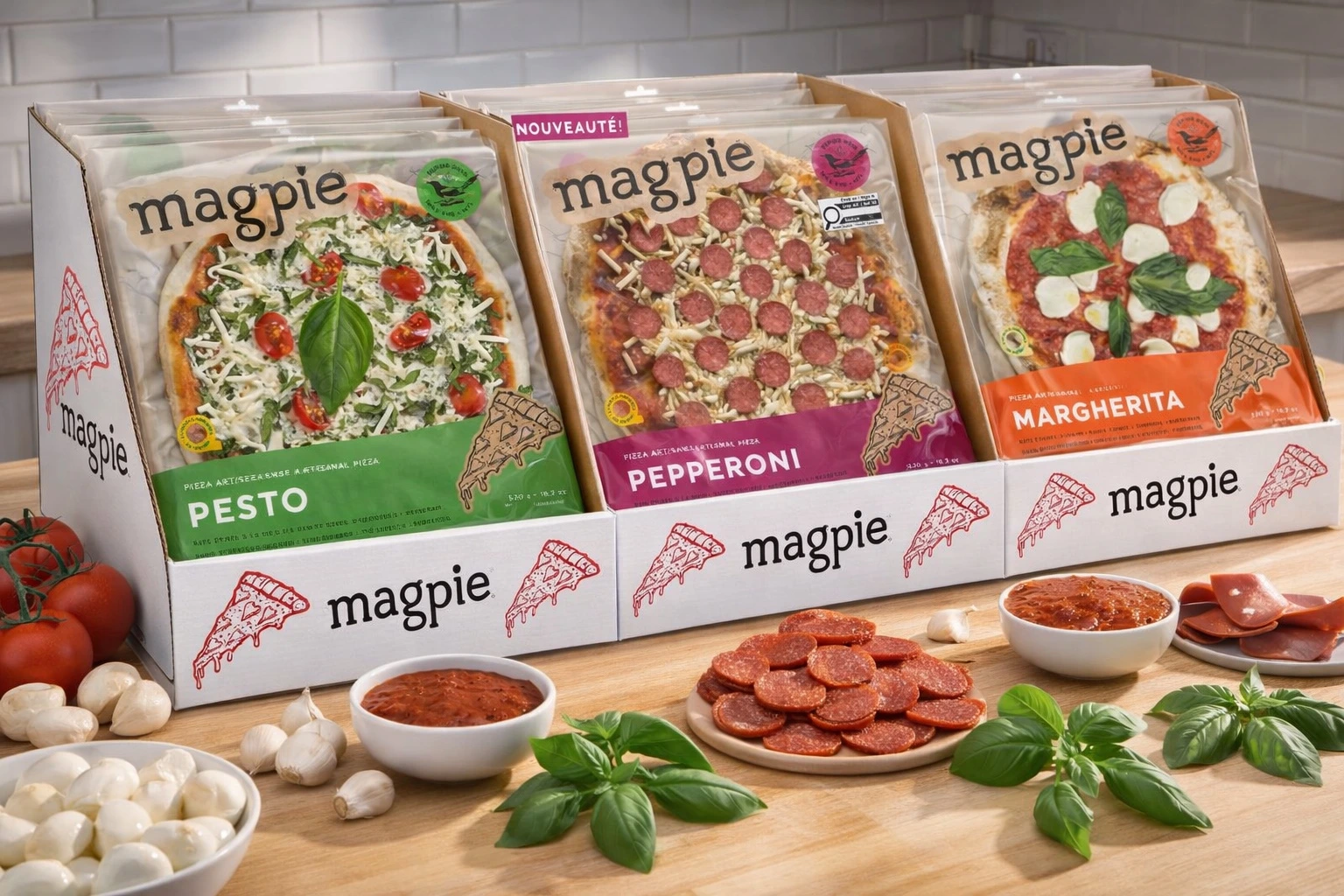 Pizzas Magpie en boîtes-présentoirs — Magpie pizzas in retail-ready display boxes